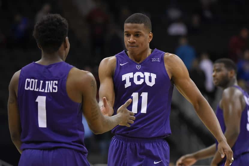 KANSAS CITY, MO - MARCH 9:  Chauncey Collins #1 and Brandon Parrish #11 of the TCU Horned...