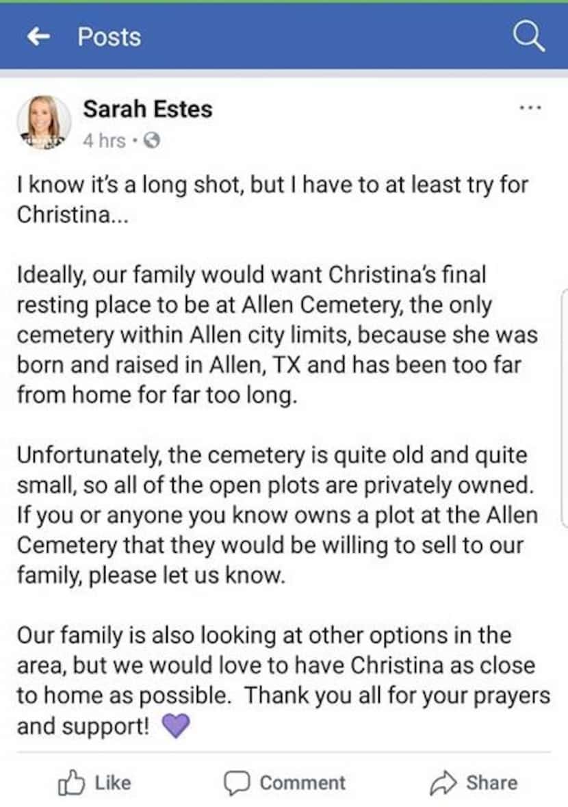 This is a screenshot of a post Sarah Estes, sister of Christina Morris, posted on Wednesday...