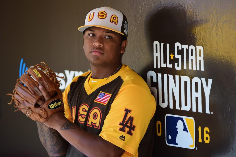 SAN DIEGO, CA - JULY 10:  Willie Calhoun of the Los Angeles Dodgers and the U.S. Team warms...