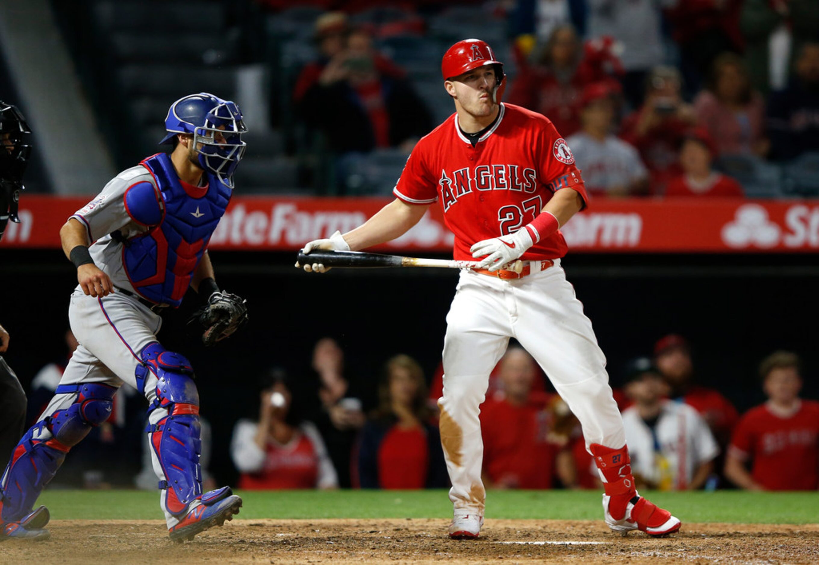 ANAHEIM, CALIFORNIA - MAY 24:  Mike Trout #27 of the Los Angeles Angels of Anaheim strikes...