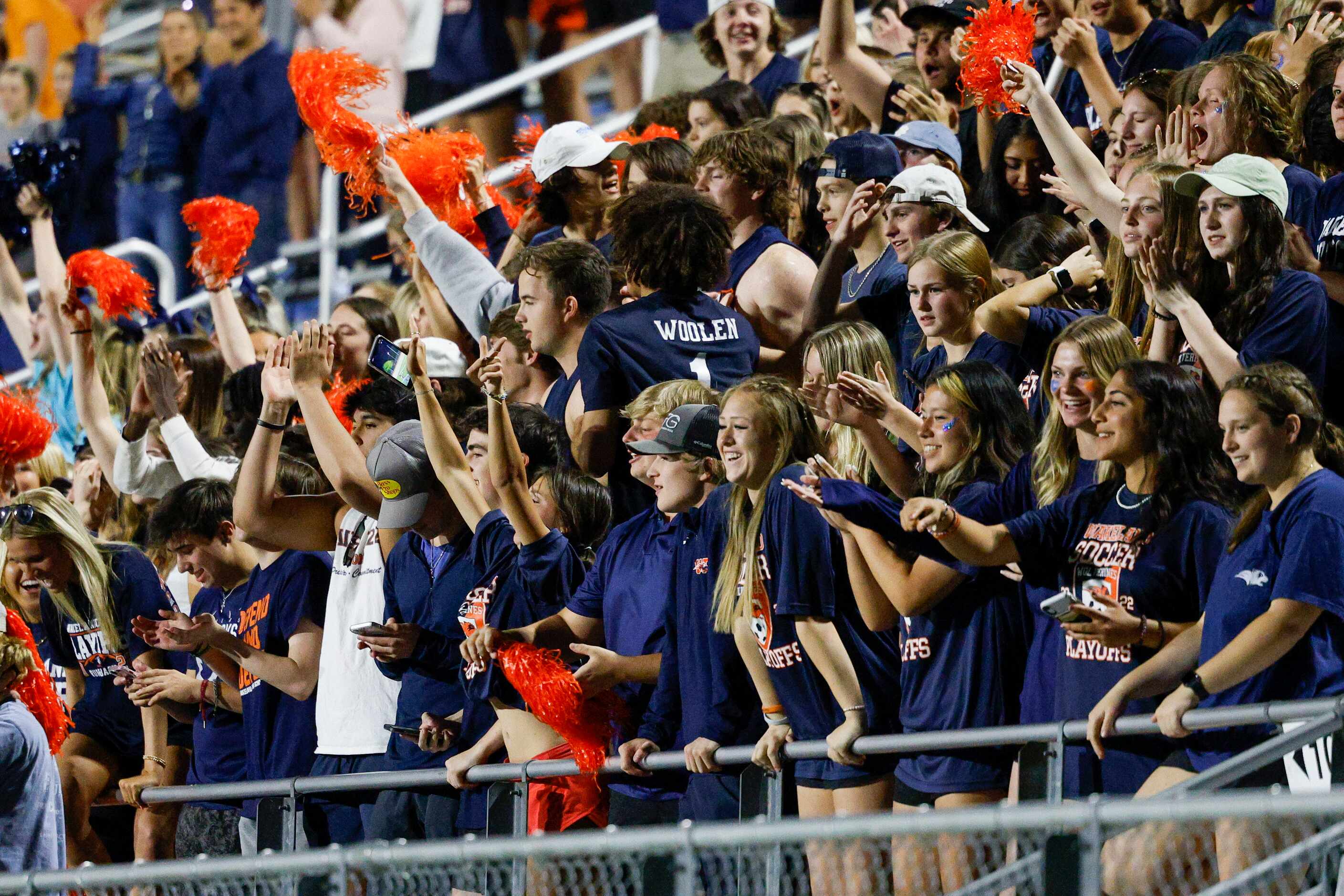 Frisco Wakeland students celebrate a goal during the second half of a Class 5A boys soccer...
