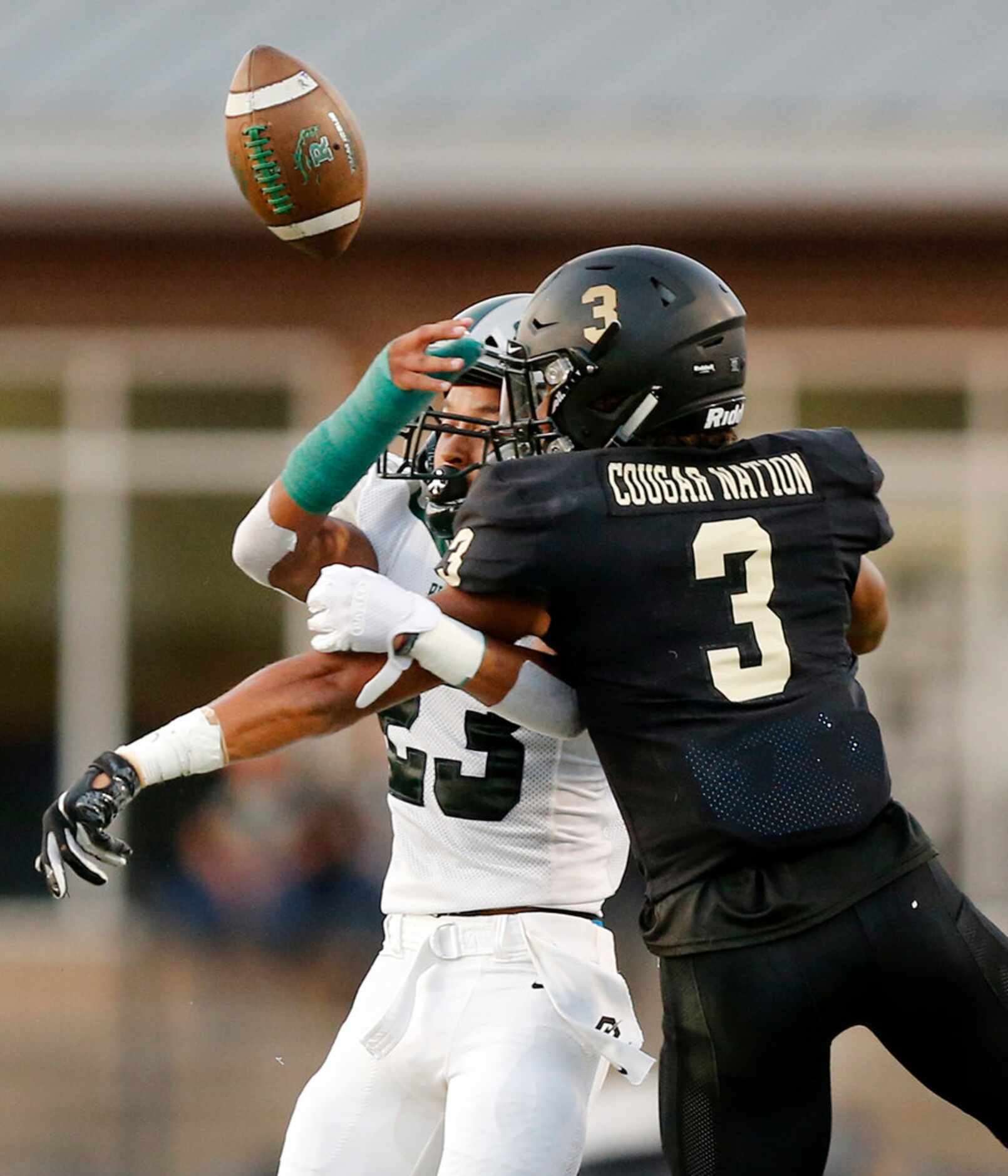 The Colony cornerback Christian Gonzalez (3)breaks up a pass intended for Frisco Reedy wide...