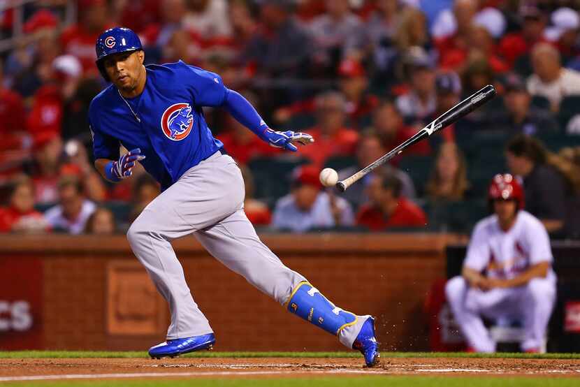 ST. LOUIS, MO - SEPTEMBER 28: Leonys Martin #24 of the Chicago Cubs bunts into a ground out...