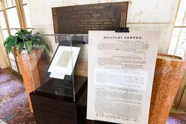 An enlarged photo copy of Union Army Gen. Gordon Granger's announcement that slave had been...