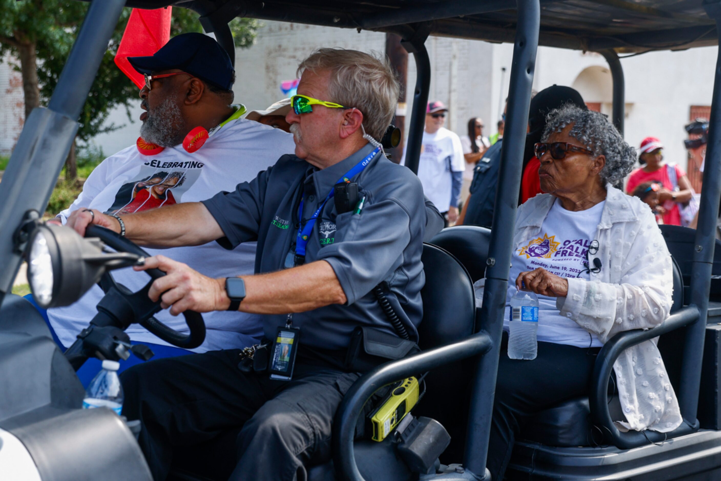 Grandmother of Juneteenth, Opal Lee arrives on a golf cart during Opal's Walk for Freedom on...