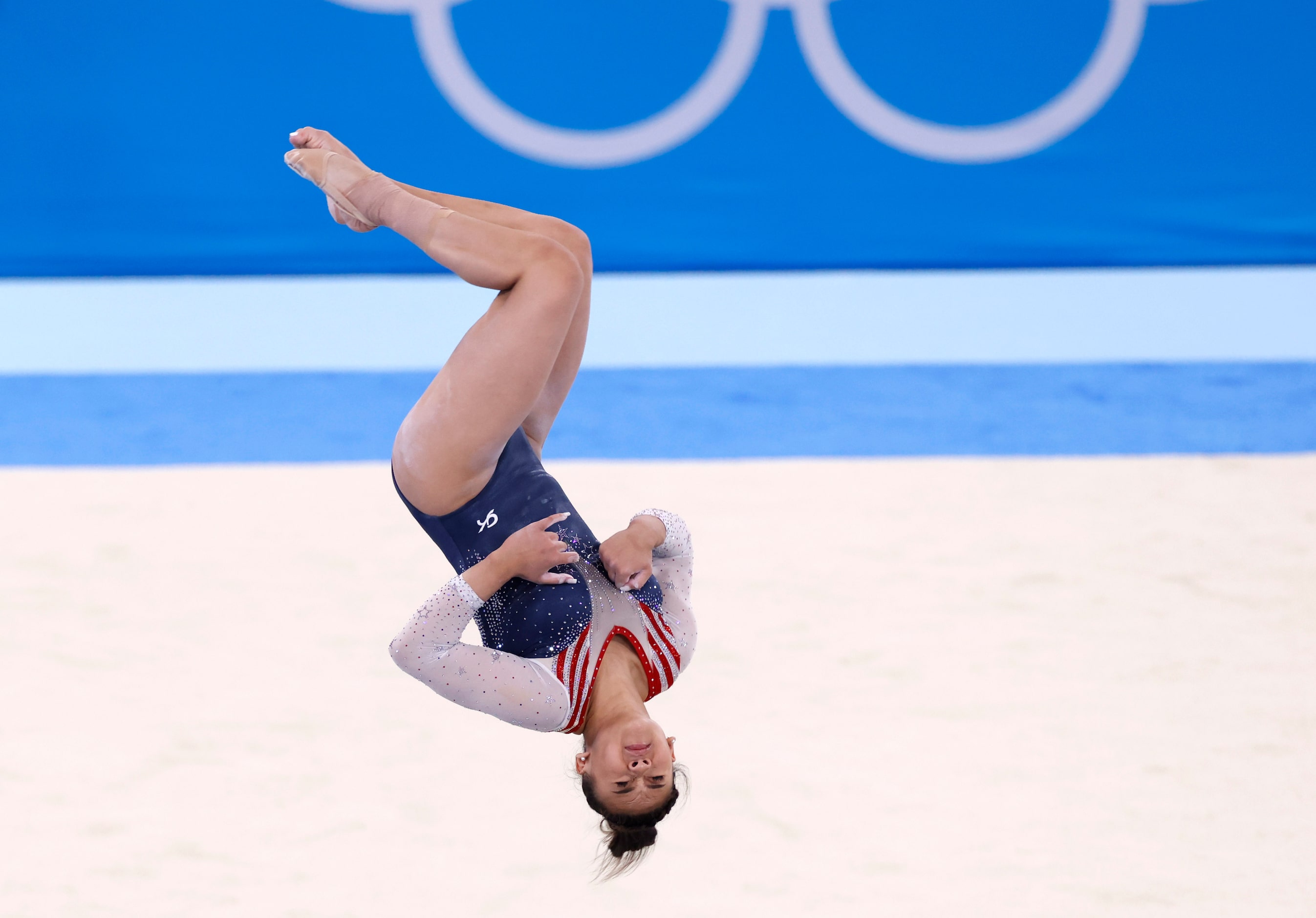 USA’s Sunisa Lee competes on the floor during the women’s all-around final at the postponed...