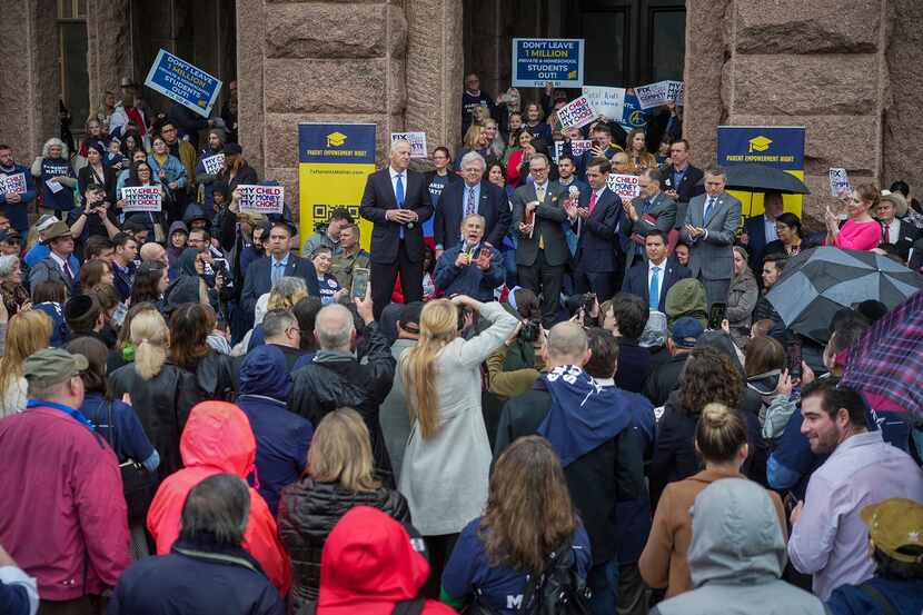Gov. Greg Abbott spoke on the north steps of the State Capitol at a Texas Public Policy...