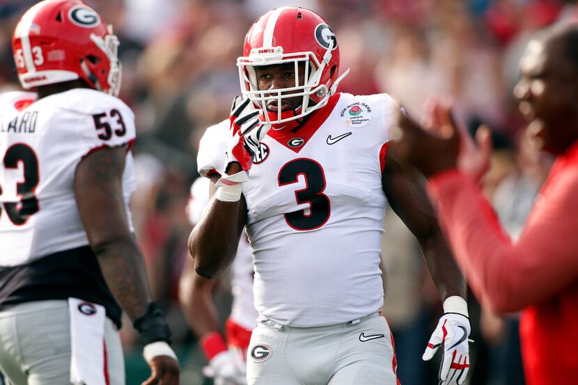 FILE - In this Monday, Jan. 1, 2018, file photo, Georgia linebacker Roquan Smith (3) during...