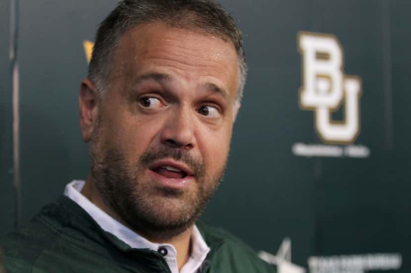 Baylor football coach Matt Rhule speaks during a news conference Tuesday, Oct. 3, 2017, in...