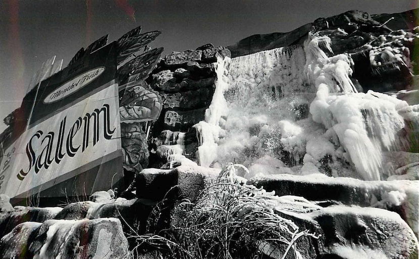 Waterfall billboard with frozen water in 1976. 