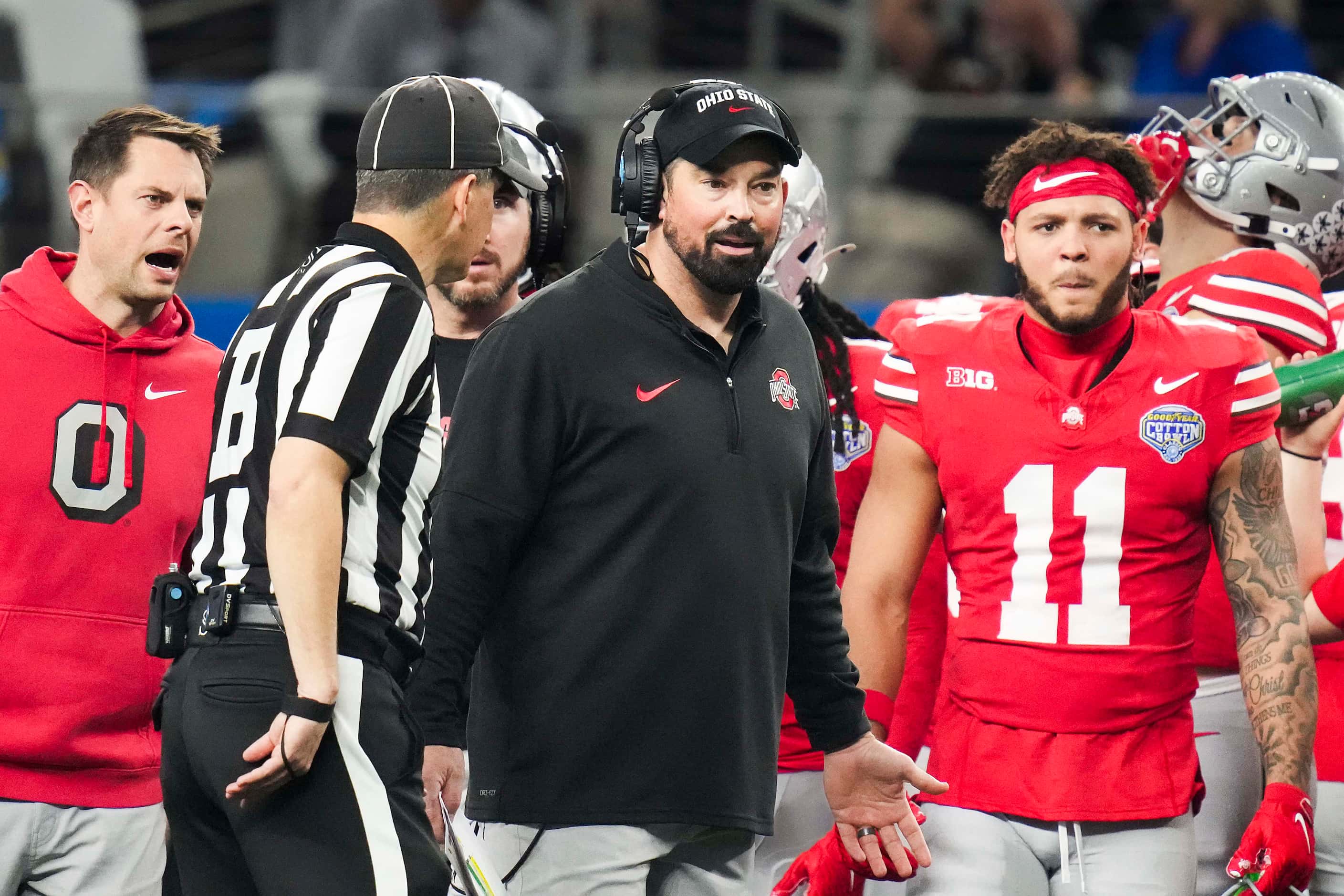 Ohio State head coach Ryan Day reacts to a call during the first half of the Goodyear Cotton...