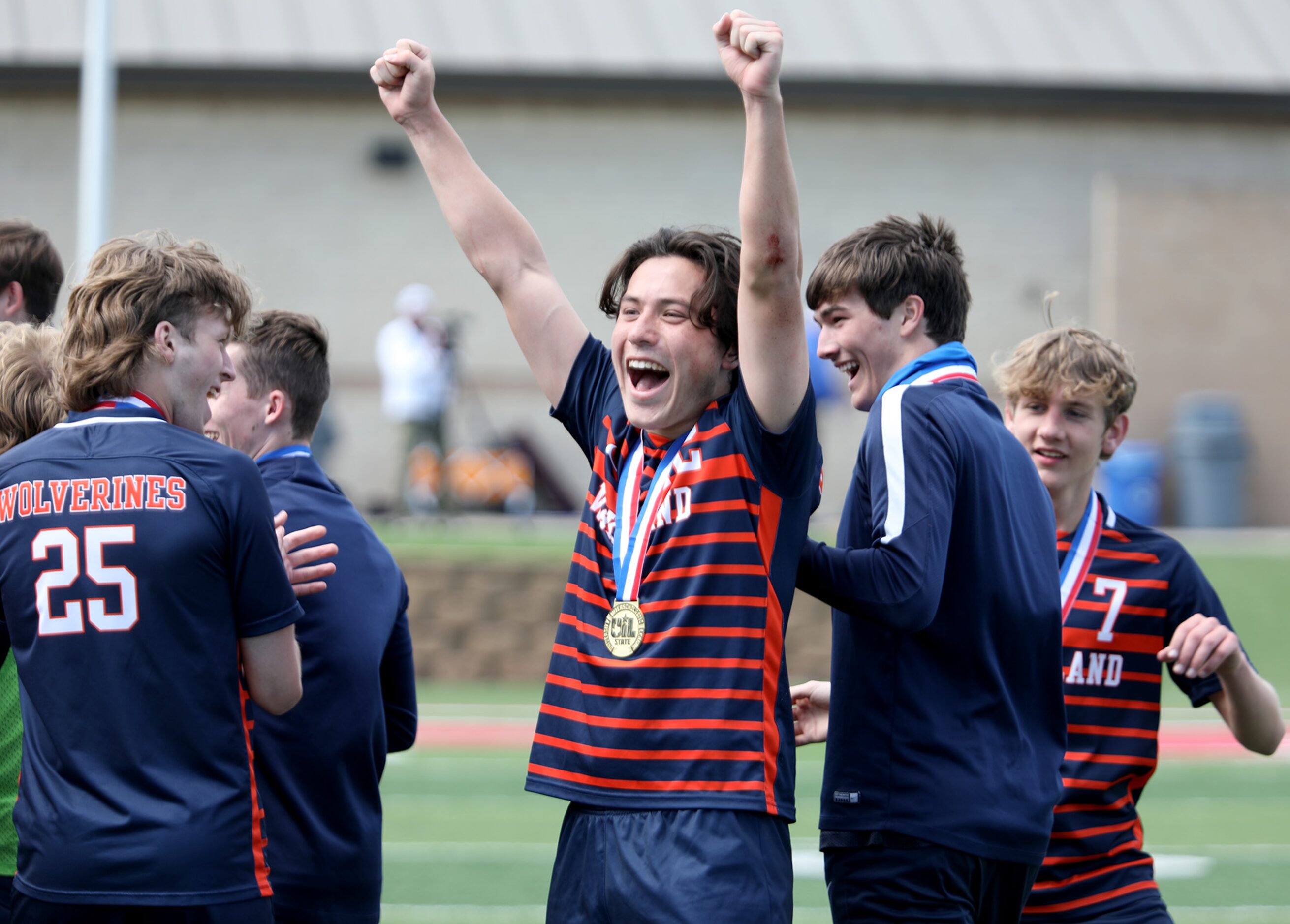 Frisco Wakeland's Brennan Bezdek (22) celebrates with teammates after   being named MVP in...