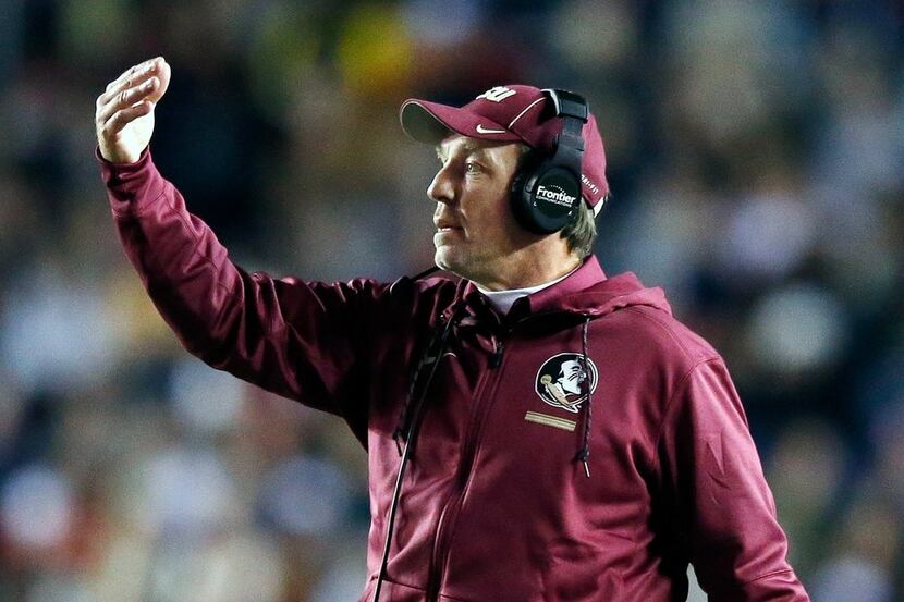 FILE - In this Oct. 27, 2017, file photo, Florida State head coach Jimbo Fisher directs his...