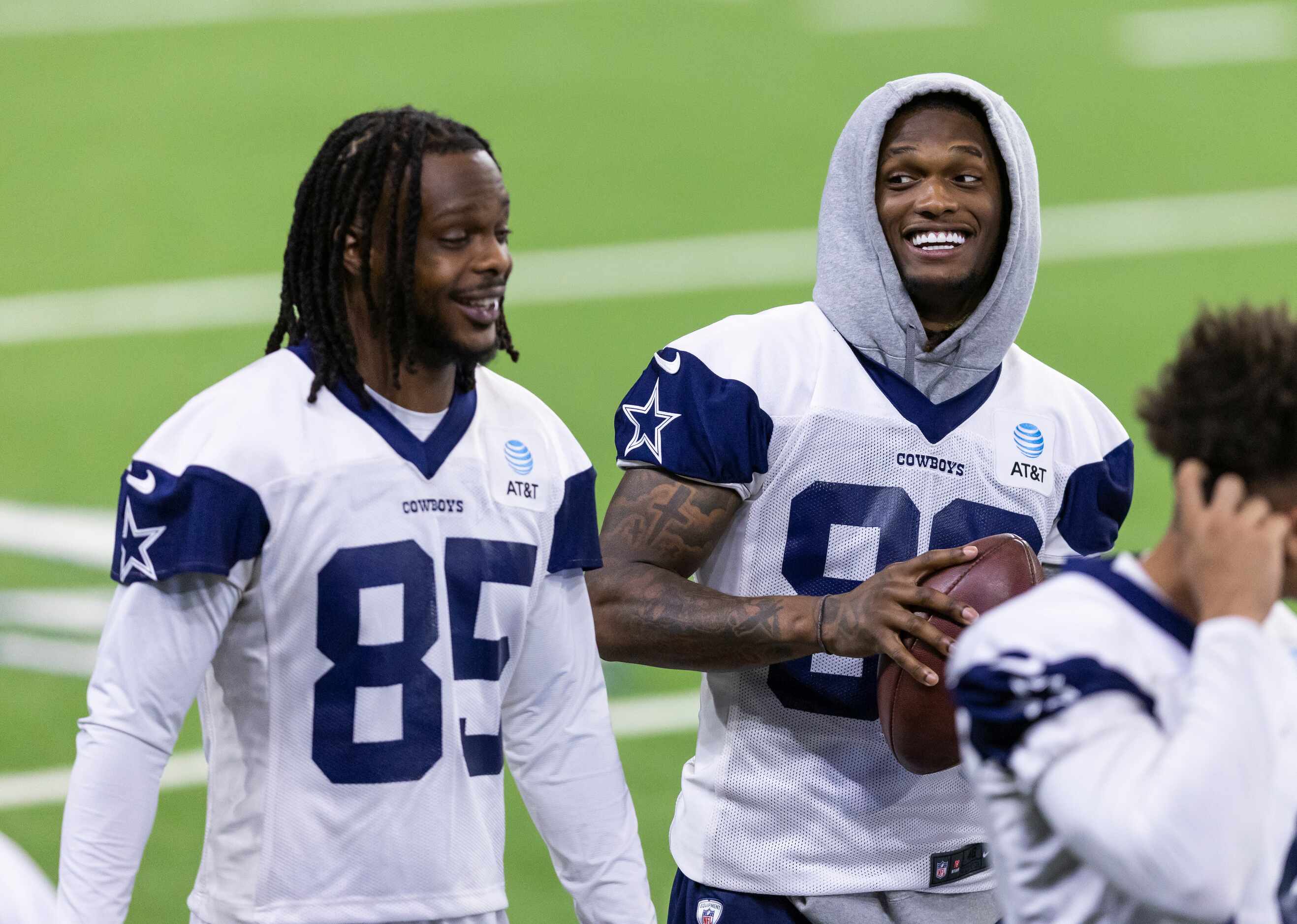 Dallas Cowboys wide receivers Noah Brown (85) and CeeDee Lamb, right, are seen during a...