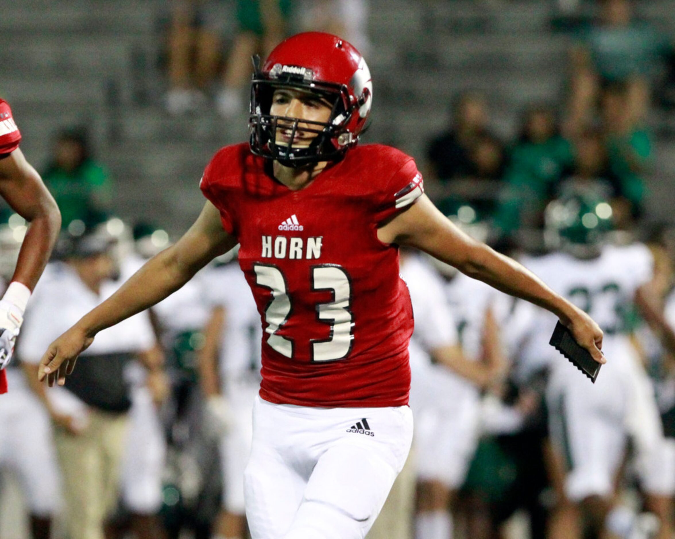 Mesquite Horn kicker Antonio Mercado (23) celebrates a field goal during the first half of...