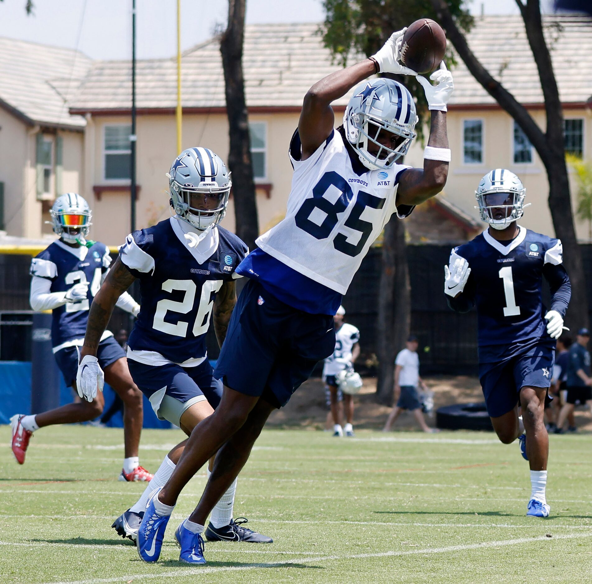 Dallas Cowboys wide receiver Noah Brown (85) makes a tipsy-toe catch along the sideline...