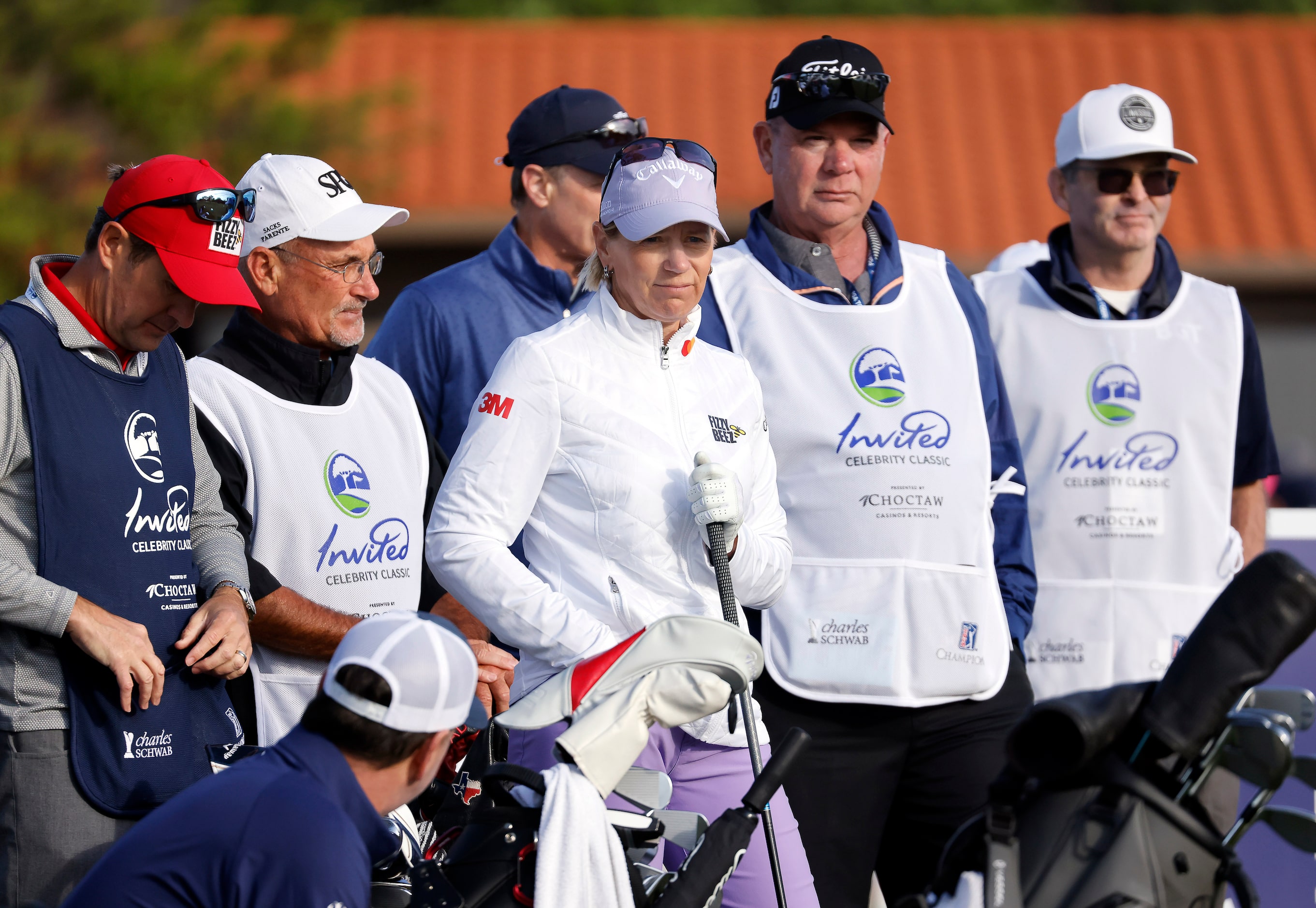 Retired LPGA golfer Annika Sorenstam (center) waits to tee off, opening her round of golf at...