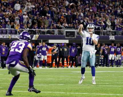 Dallas Cowboys quarterback Cooper Rush (10) throws the game-winning touchdown to wide...