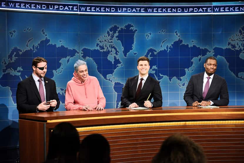 From left: Dan Crenshaw, a congressman-elect from Texas, Pete Davidson, Colin Jost and...