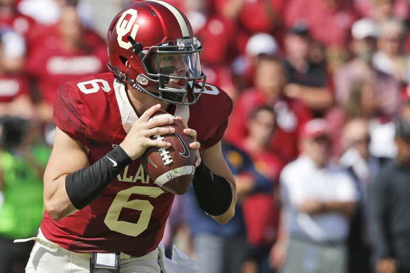Oklahoma quarterback Baker Mayfield (6) is pictured during an NCAA college football game...