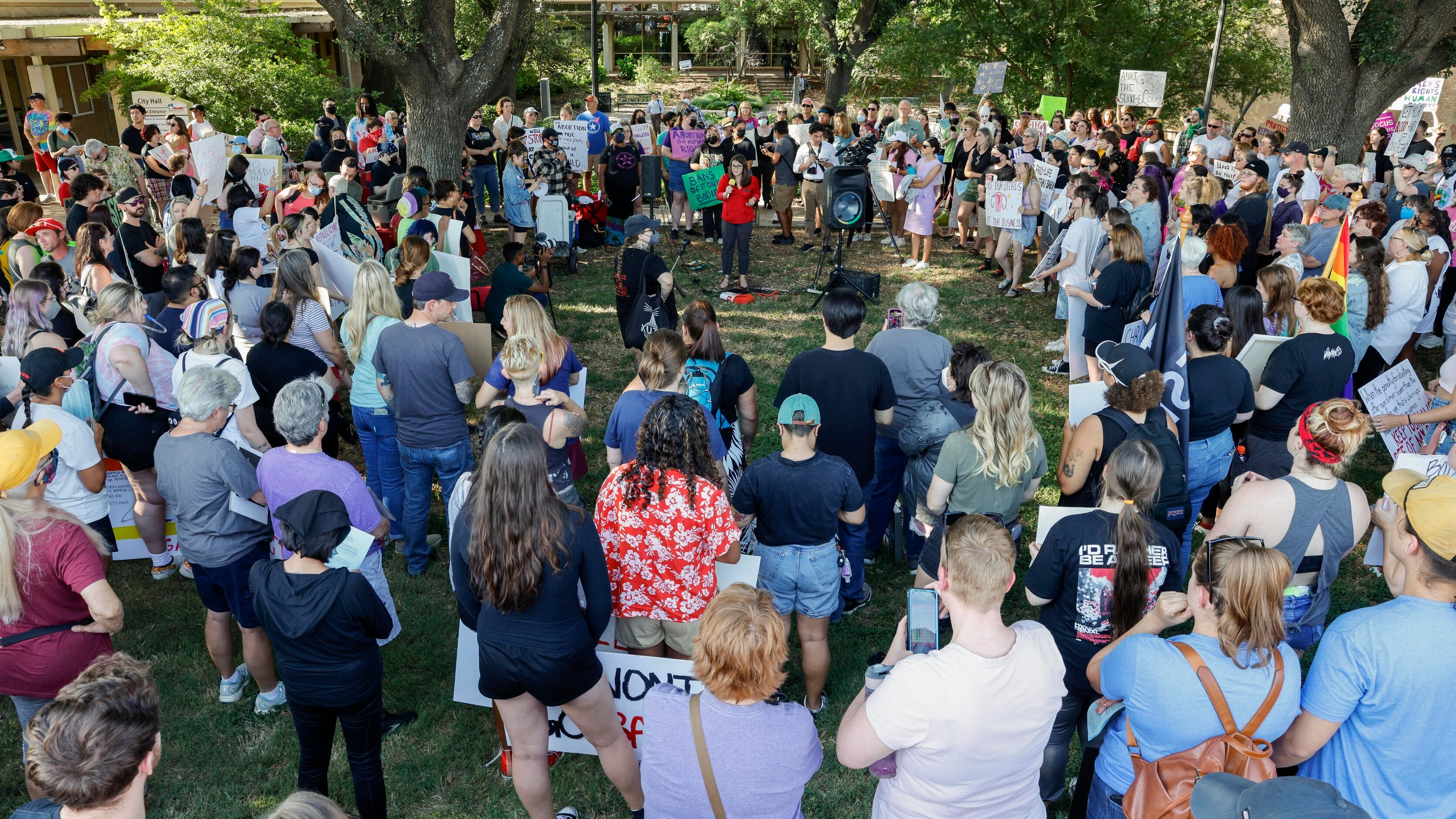 Denton City Council member Alison Maguire speaks at a protest for abortion rights outside...