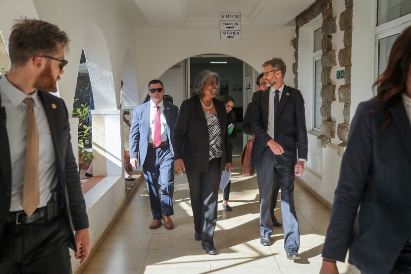U.S. Ambassador to the United Nations, Linda Thomas-Greenfield, center, visits the offices...