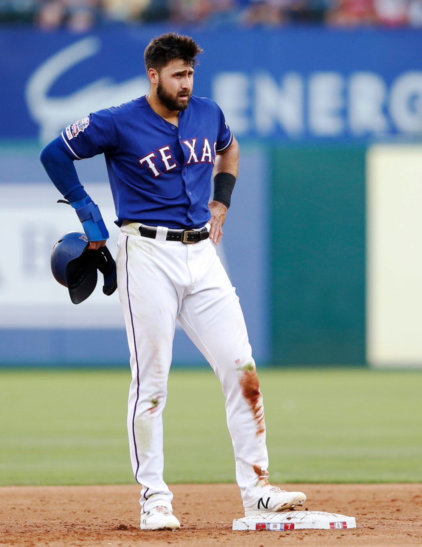 Texas Rangers left fielder Joey Gallo (13) after stealing second base during the second...