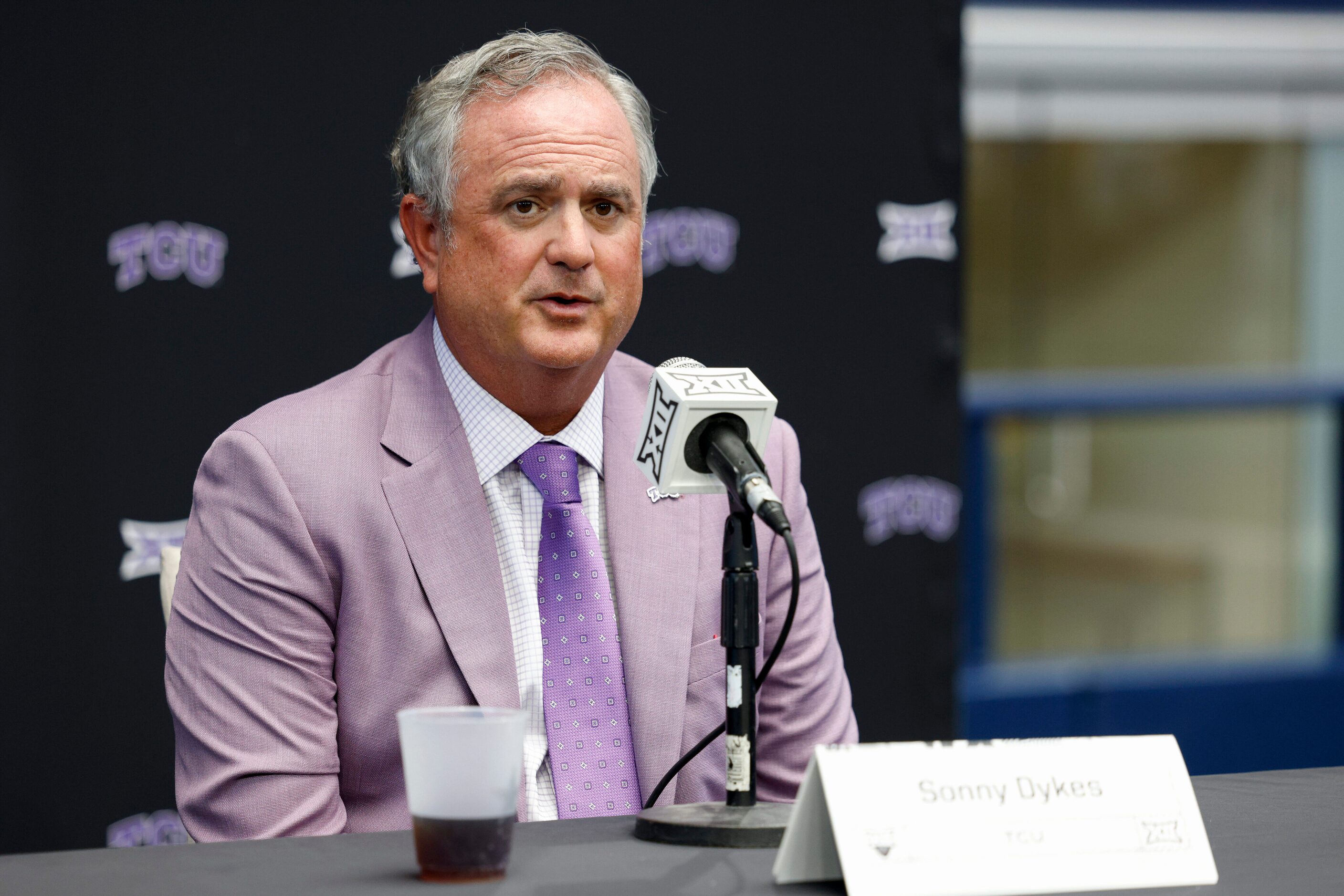 TCU head coach Sonny Dykes speaks during the Big 12 Media Days at AT&T Stadium, Wednesday,...