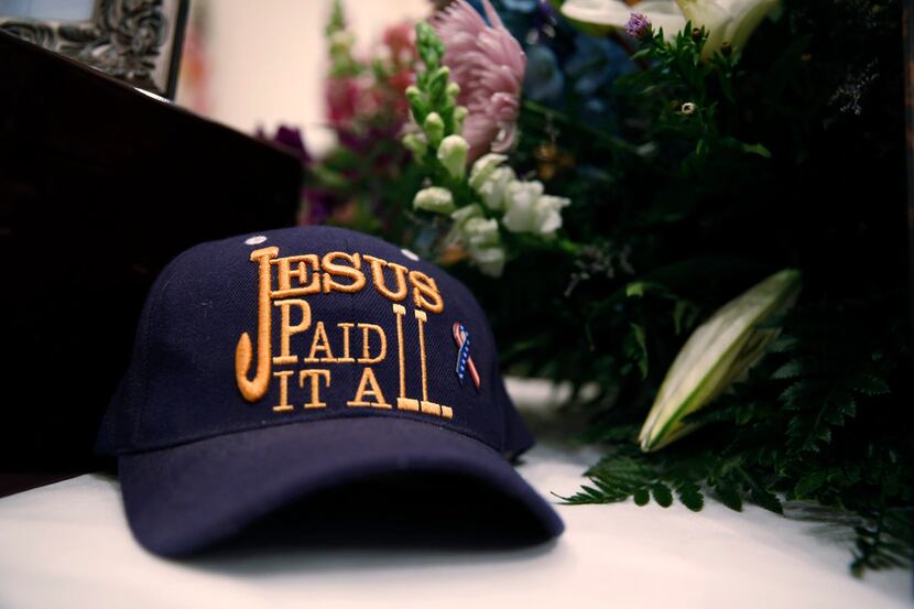 Dennis Johnson's hat at his funeral at First Baptist Church in Floresville, Texas on Nov....