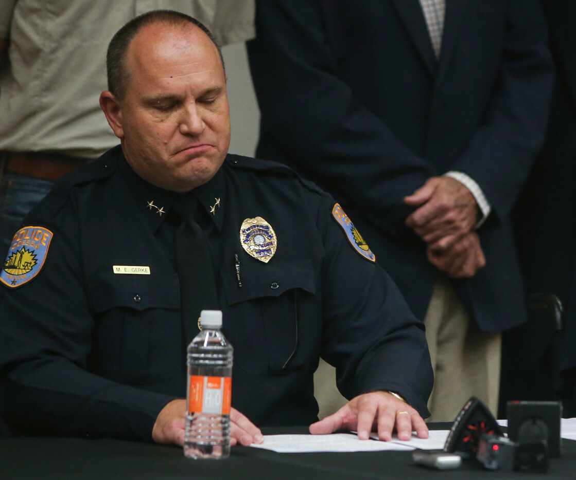 Odessa Police Chief Michael Gerke takes a moment during a press conference at the University...