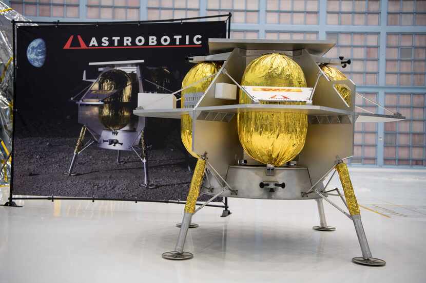 The Astrobotic lunar lander is seen, Friday, May 31, 2019, at Goddard Space Flight Center in...