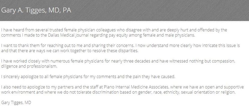 A statement from Dr. Gary A. Tigges following backlash over his comments about female...