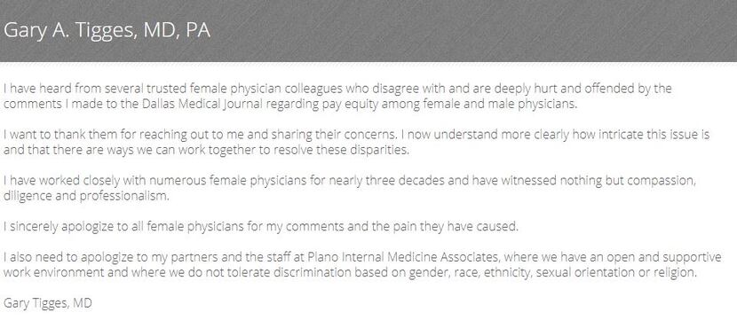 A statement from Dr. Gary A. Tigges following backlash over his comments about female...