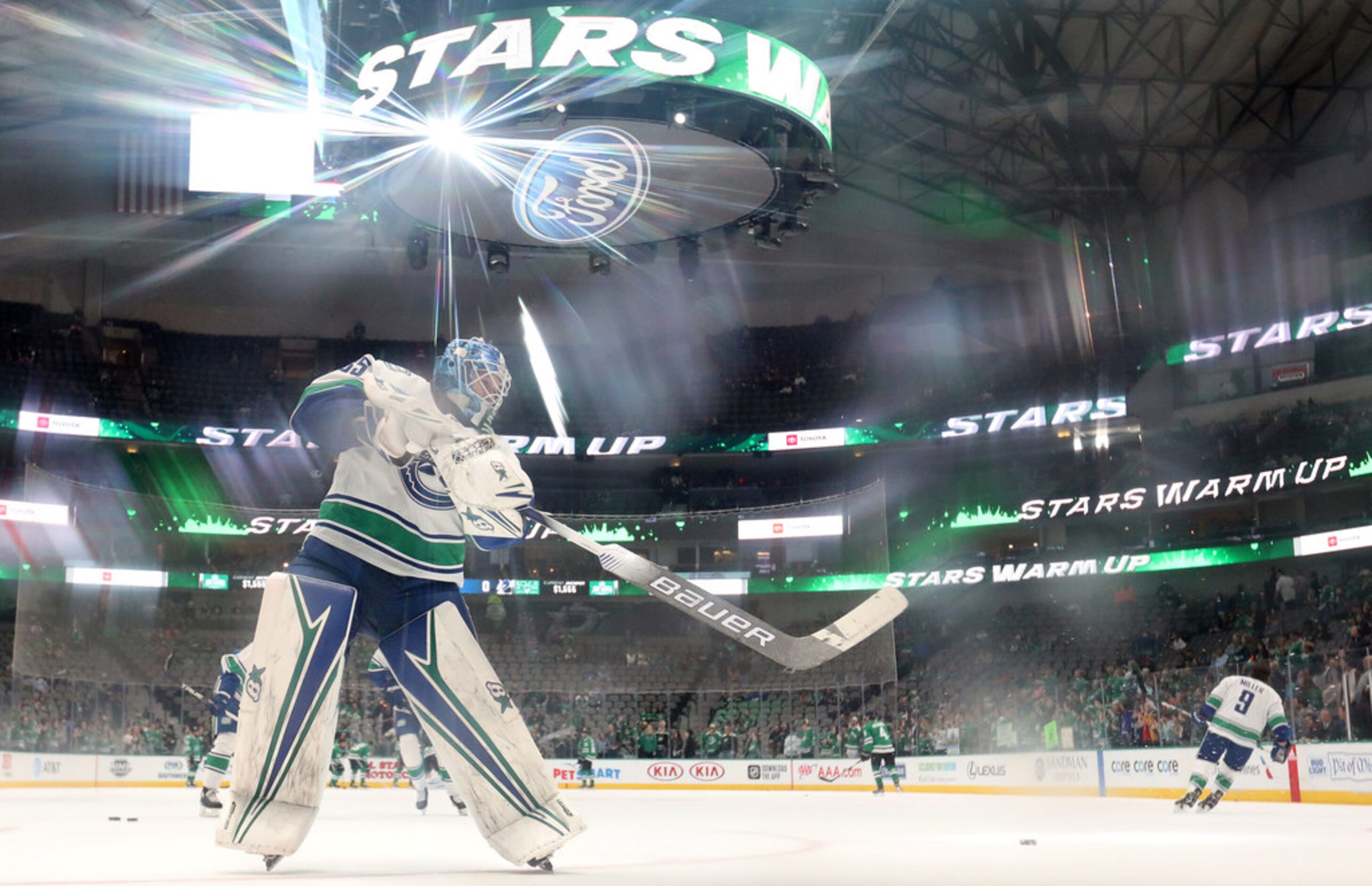 DALLAS, TEXAS - NOVEMBER 19:  Thatcher Demko #35 of the Vancouver Canucks before a game...