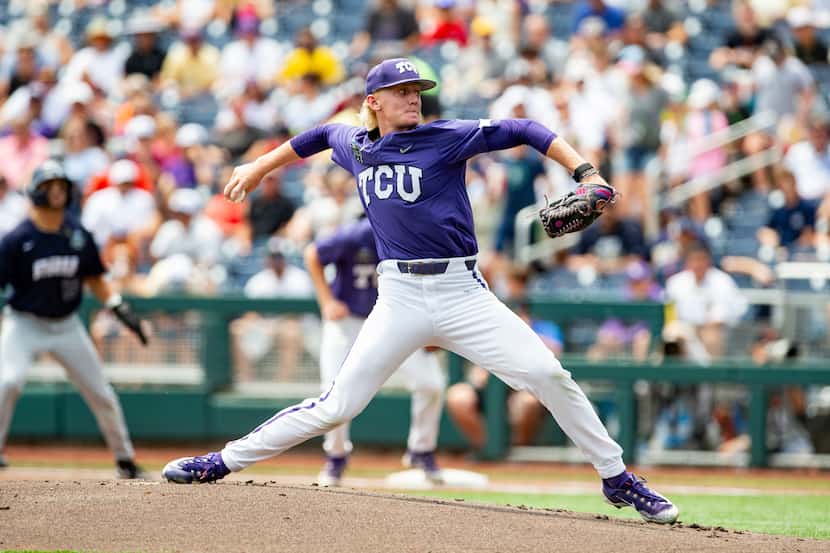 TCU's Kole Klecker throws a pitch against Oral Roberts in the first inning of a baseball...