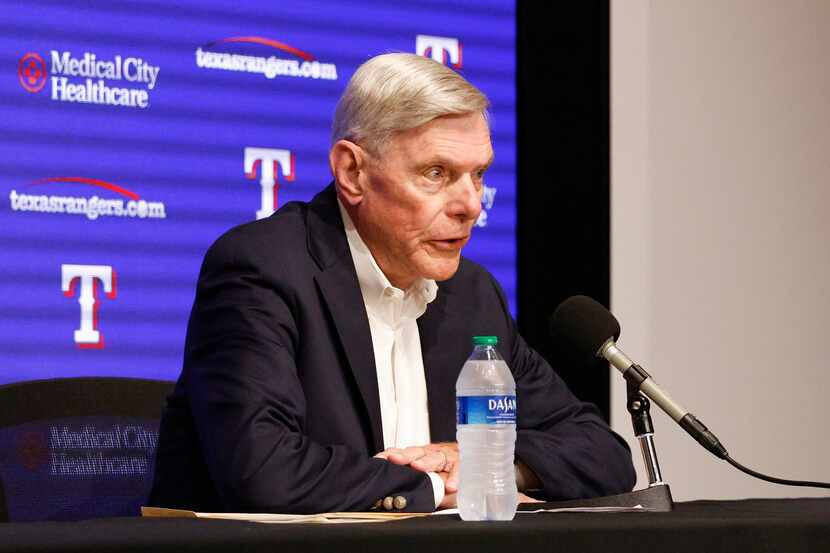 Texas Rangers owner Ray Davis takes his seat before a press conference after firing team...
