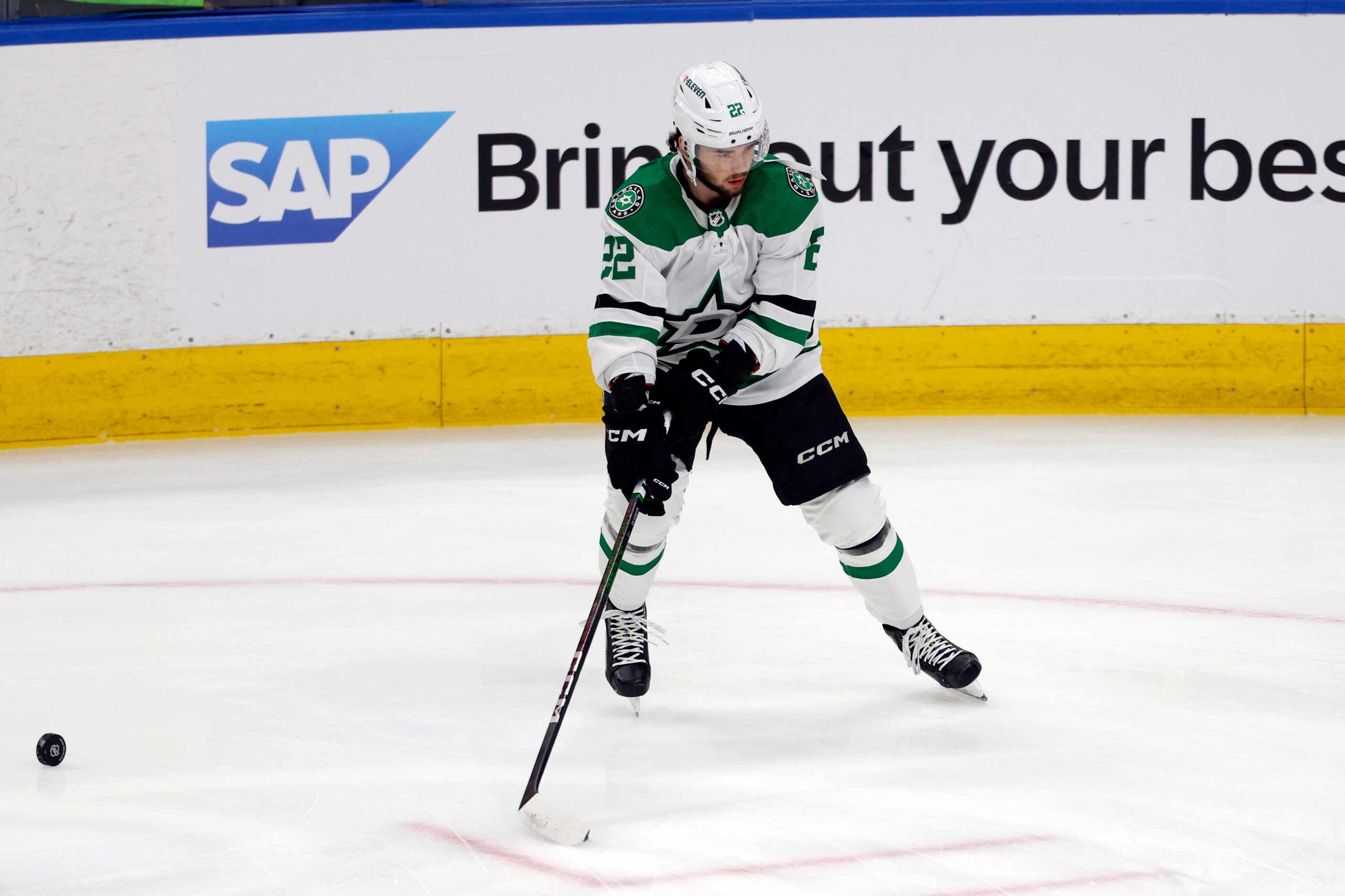 Dallas Stars center Mavrik Bourque (22) warms up before Game 6 of the Stanley Cup Western...
