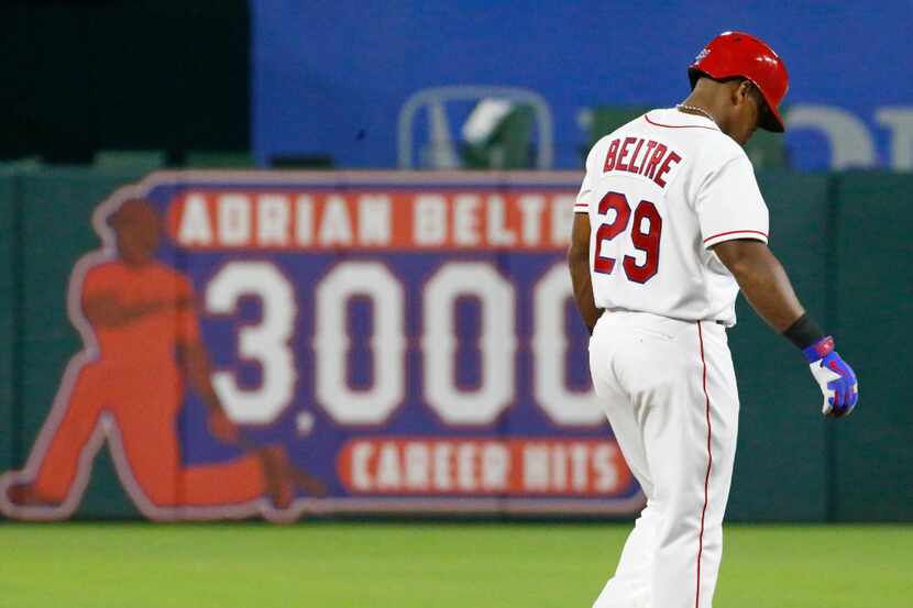 Texas Rangers third baseman Adrian Beltre (29) is pictured at second base during the Houston...