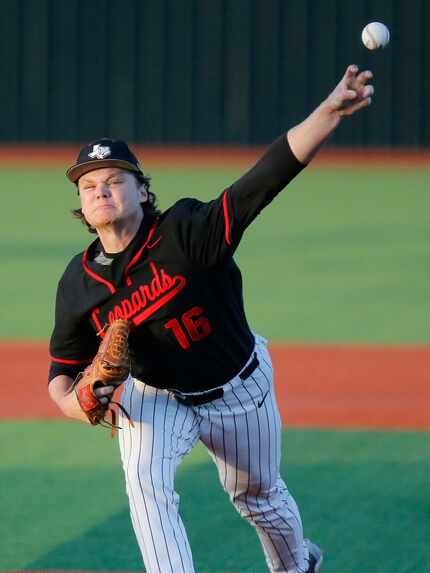 Lovejoy High School pitcher Brandt Corley (16) pitches in a District 10-5A baseball game on...