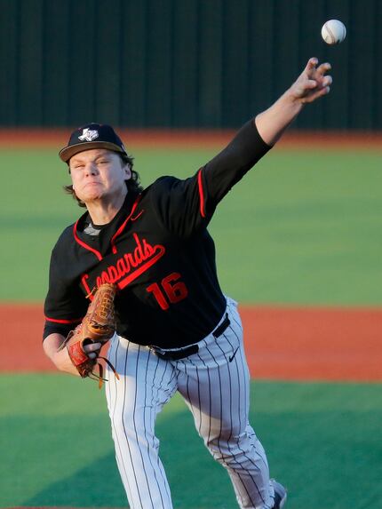 Lovejoy High School pitcher Brandt Corley (16) pitches in a District 10-5A baseball game on...