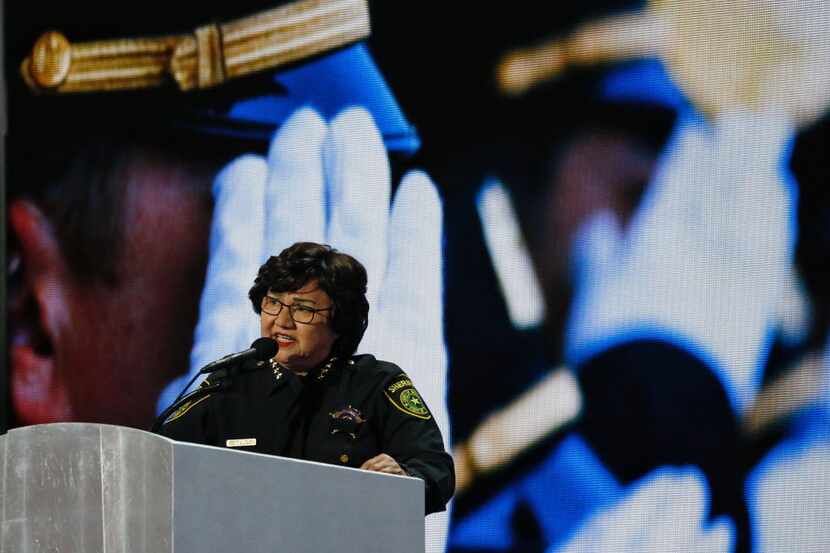 Dallas County Sheriff Lupe Valdez spoke during the Democratic National Convention on July 28...