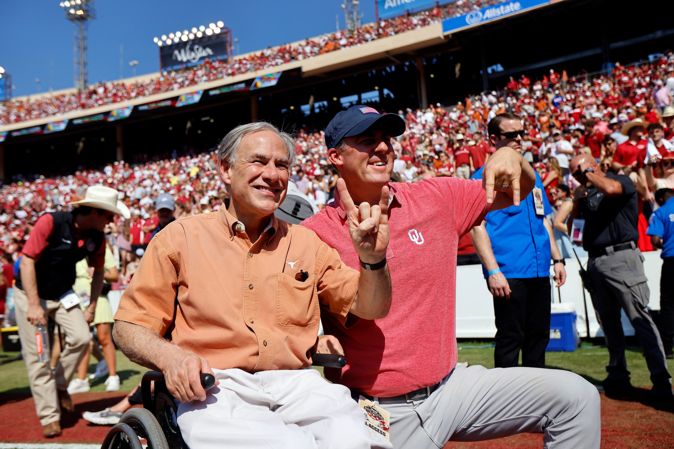 Oklahoma Governor Kevin Stitt (right) poses for a photo with Texas Governor Greg Abbott...