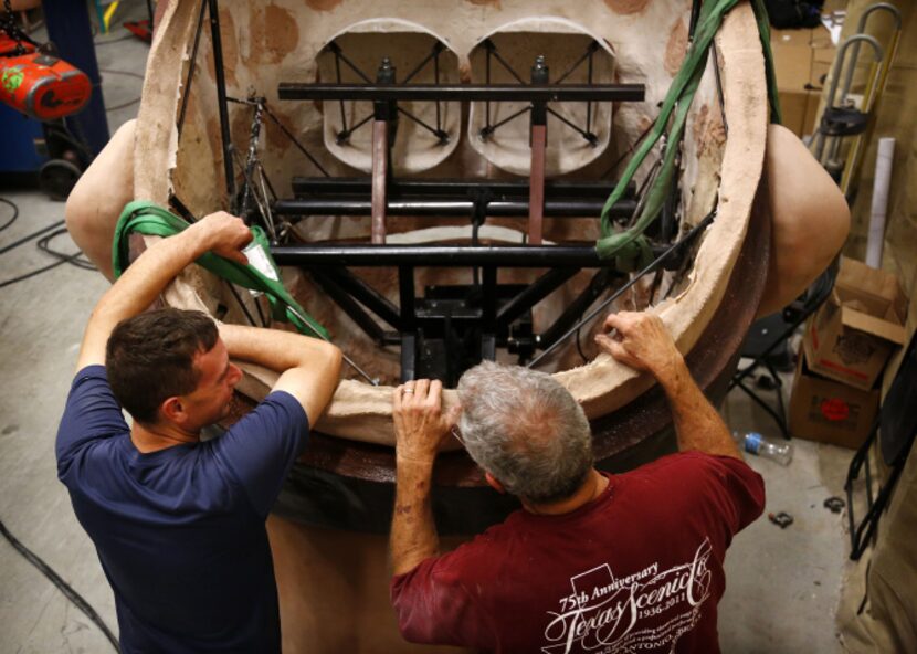 SRO fabrication supervisor Kevin M. Cordell (left) and Texas Scenic president Richard Mecke...