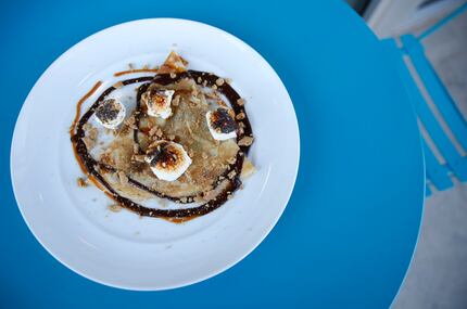 The s'mores crepe at Whisk Crepes Cafe is topped with blowtorched marshmallows.