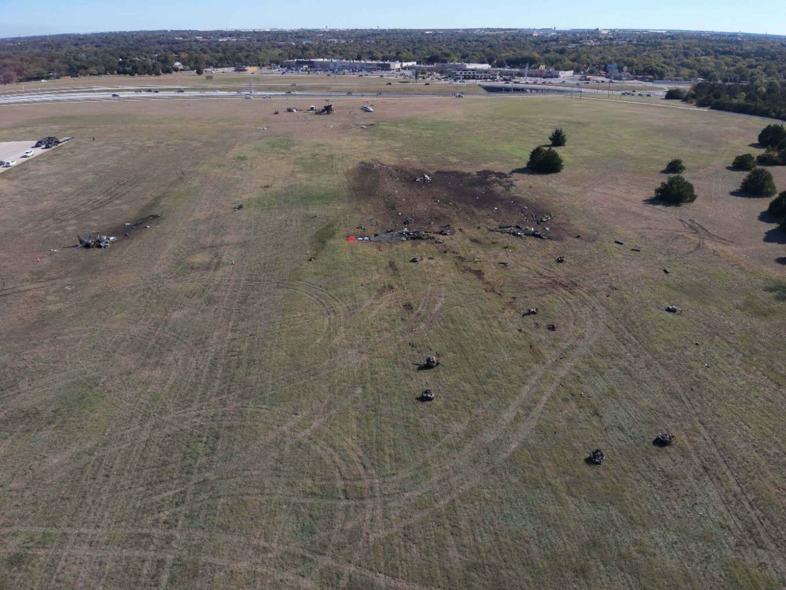 Aerial view of accident site facing southeast following a mid-air collision at Dallas...