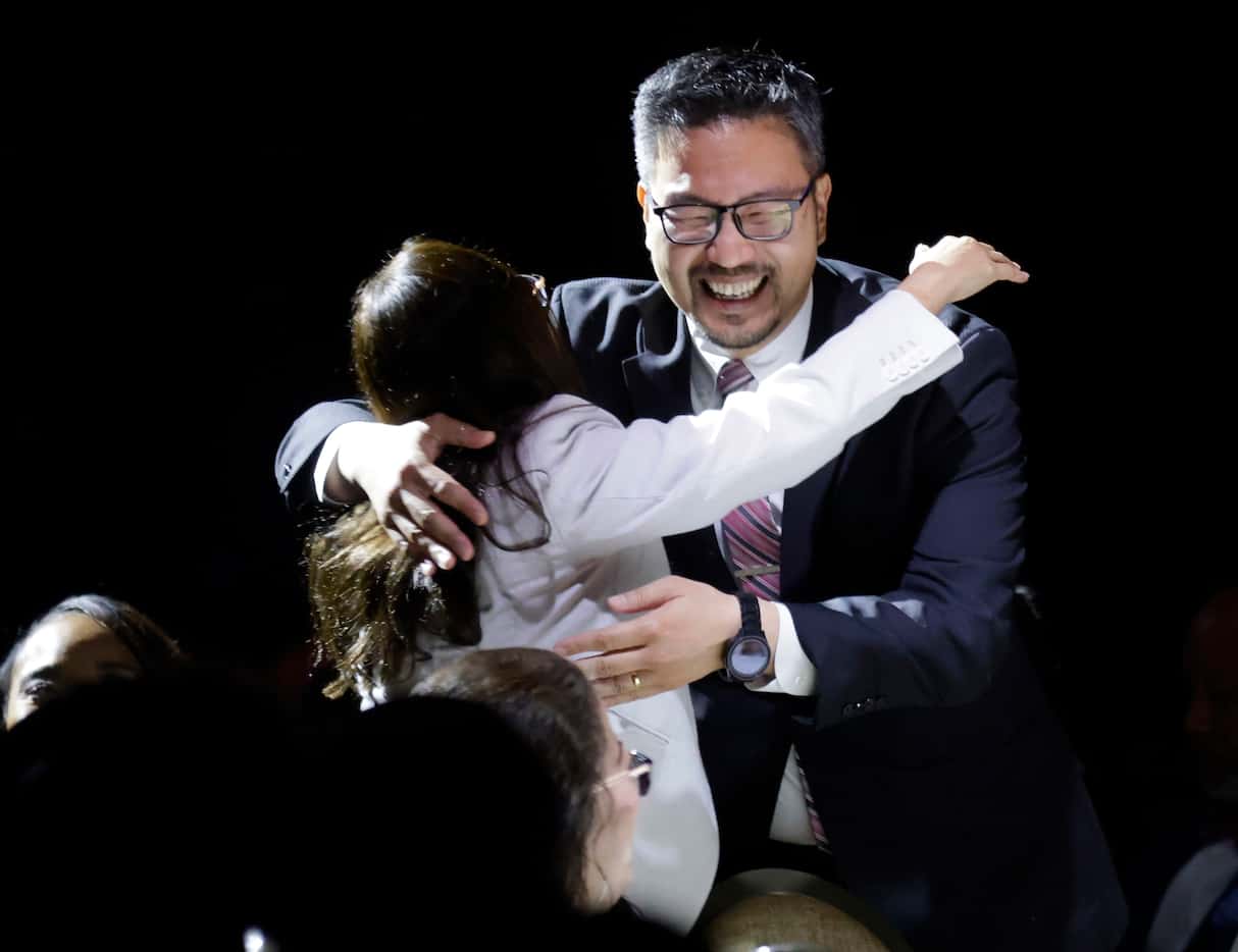 Principal David Lee of Hector P Garcia Middle School reacts after his name was announced as...