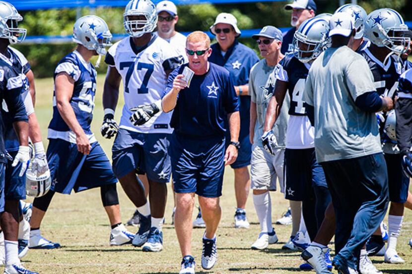 Cowboys coach Jason Garrett instructs the players during OTAs on Wednesday. (DMN Staff Photo)