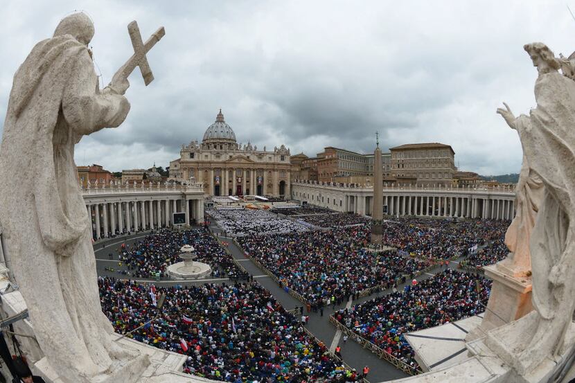 A crowd gathers for the canonization mass of Popes John XXIII and John Paul II on St Peter's...