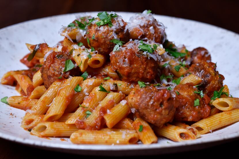 Pasta with meatballs and red sauce from Nonna Italian restaurant in Dallas, Jan. 13, 2020....