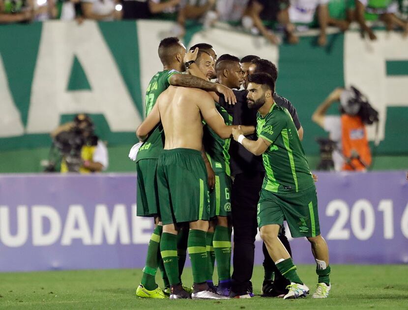 Chapecoense players celebrated their win over Argentinian club San Lorenzen in their Copa...